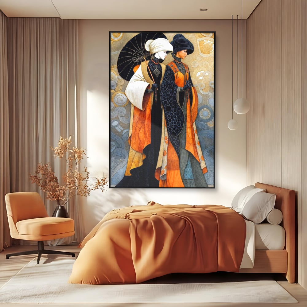 Tablou canvas cu tablou canvas cu doua femei asiatice stilizate, in rama de aluminiu negru, pe perete intr-un dormitor
